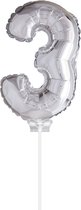 Cijfer ballon 3 Zilver met stokje | 40cm