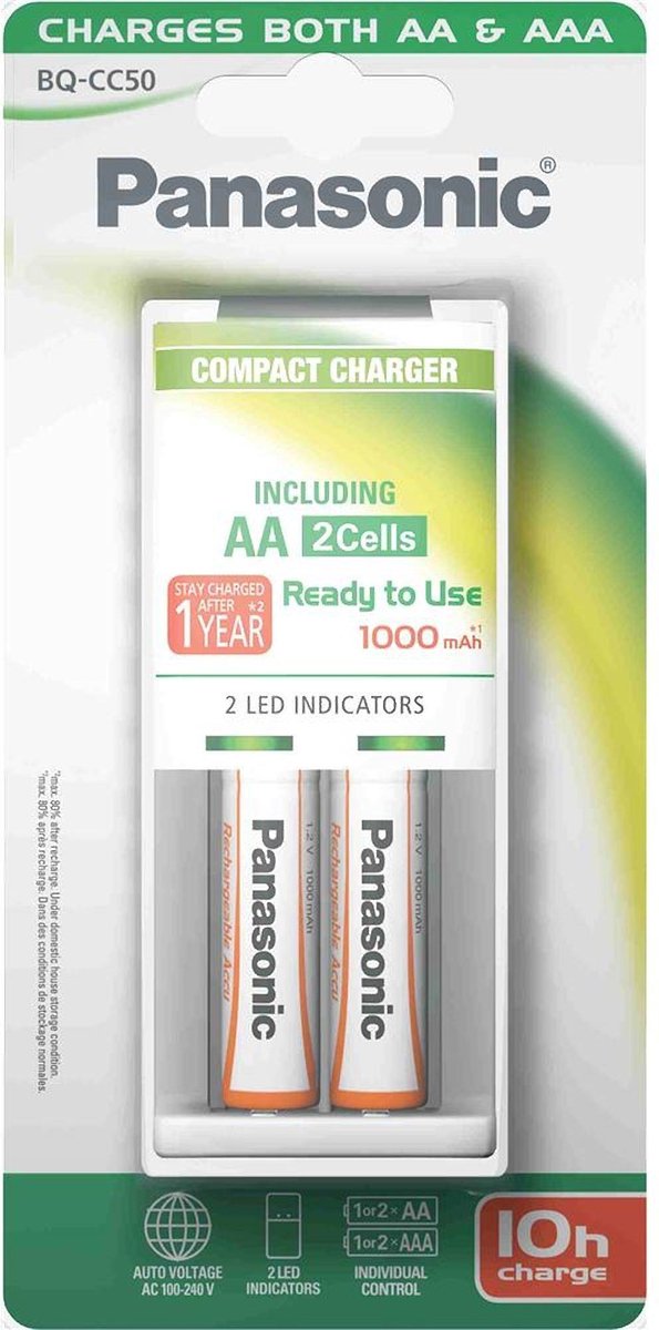 Panasonic oplader voor AA + AAA batterijen (incl 2x AA oplaadbare batterijen)