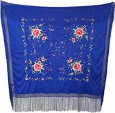 Spaanse manton vierkant cuadrado koningsblauw diverse bloemen verkleedkleding Flamenco jurk