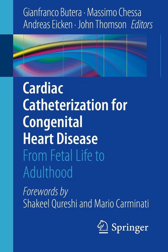 Boek 'Cardiac Catheterization for Congenital Heart Disease: From Fetal Life to Adulthood' met abstracte blauwe en gele lijnen op de omslag.