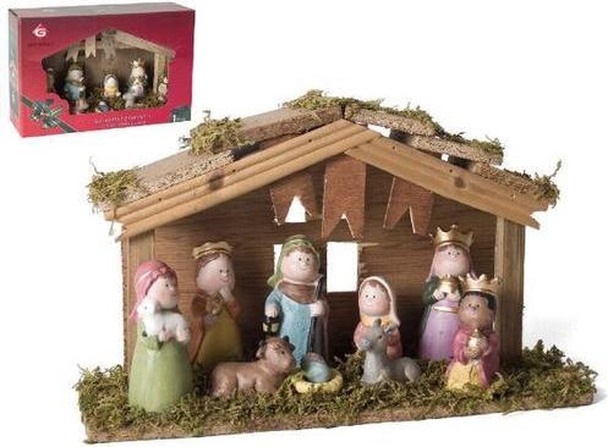 Kerststal hout met 9 figuren (6315)