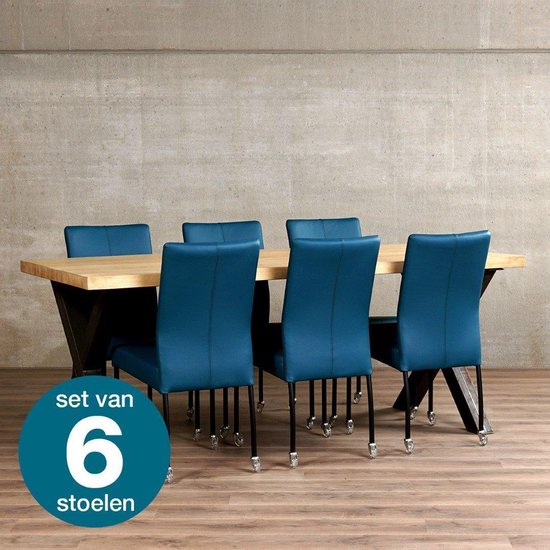 Leren eetkamerstoel met wiel Comfort turquoise leer, met wieltjes, zonder  armleuning | bol.com