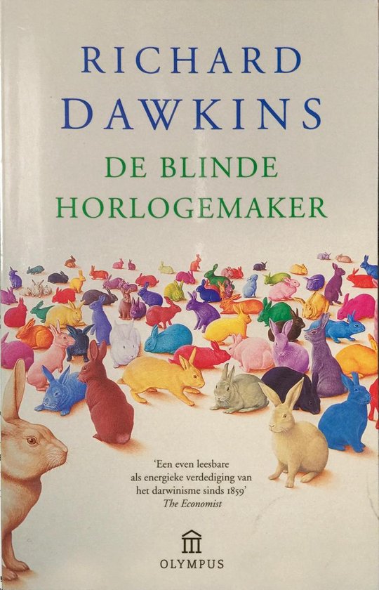 Boek 'De Blinde Horlogemaker' van Richard Dawkins met illustratie van vele konijnen in diverse kleuren.