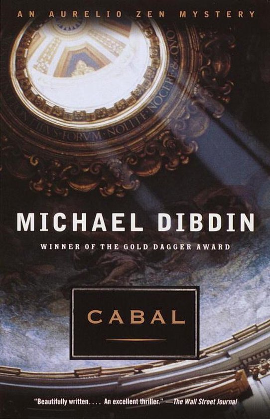 Boekomslag van "Cabal" door Michael Dibdin. De titel en auteursnaam staan centraal boven een detail van een Romeinse koepel en mozaïek.