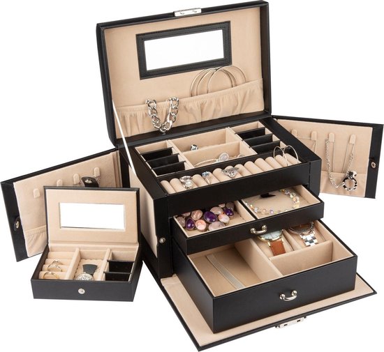 LifeGoods XL sieradendoos met spiegel Luxe Bijouterie Kistje - Juwelen Box met Houder - Ketting/Ring/Oorbellen/Horloge - Dames/Meisjes - Zwart