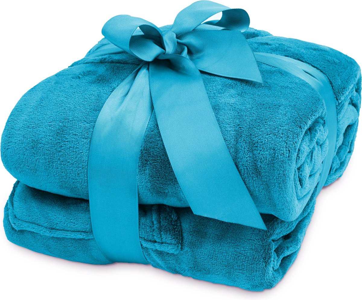 Lumaland - Deken met mouwen en zakken - Coral Fleece - 170 x 200 + 50 cm voetenzak - Lichtblauw