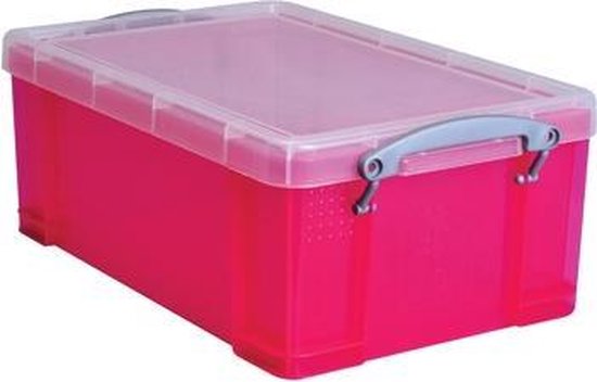 Boîte de rangement rose translucide 'Really Useful Box' avec fermoirs et poignée en métal.