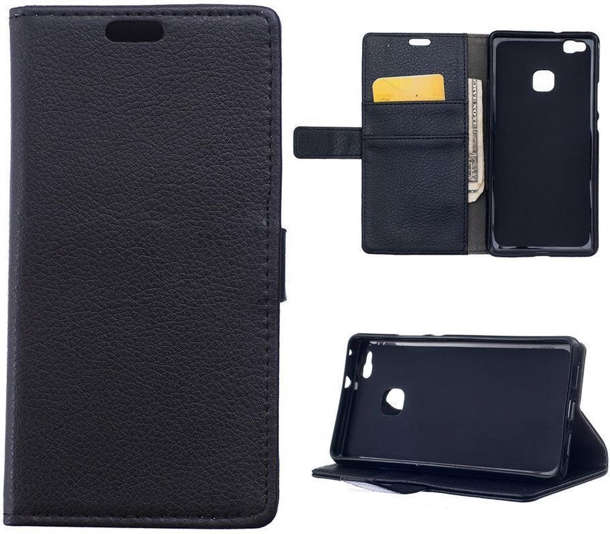 Litchi cover zwart wallet case hoesje Geschikt voor: Huawei P9 Plus