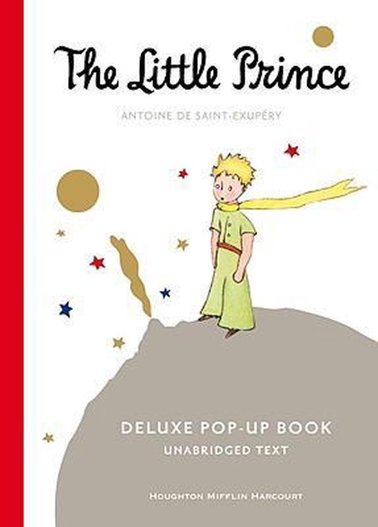 Livre 'Le Petit Prince' avec sur la couverture une illustration du petit prince en costume vert avec une écharpe jaune, debout sur une colline parmi des étoiles dorées et rouges.