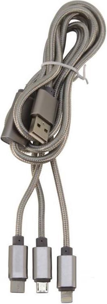 Benson Universele 3-in-1 oplaadkabel - USB-C, Micro-USB, Lightning - 1,2 meter - Grijs