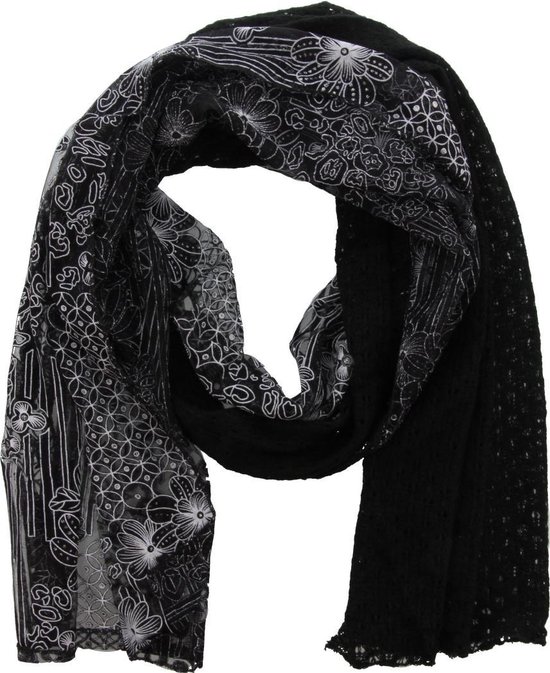 hoek voormalig Vijftig Zwarte shawl met een deel gehaakt stof en een deel dunne doorzichtige stof  met witte... | bol.com