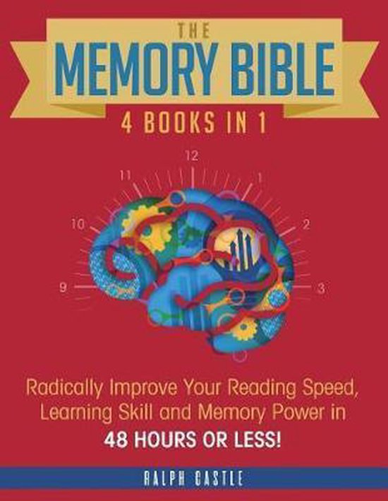 Boek "The Memory Bible" met "4 Books in 1" en afbeelding van een hersenkamp met tandwielen en klok.
