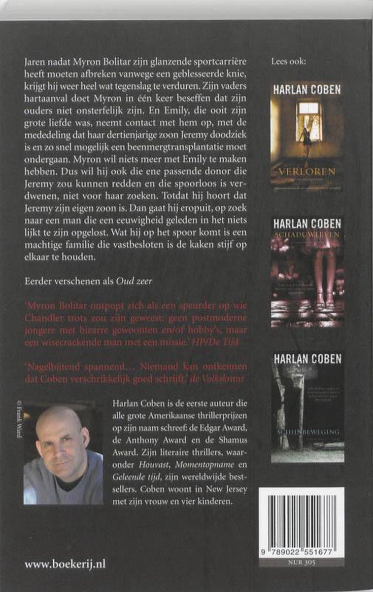 Boek met drie titels van Harlan Coben op de rug: Verloren, Dubbelspel, en Wanhoopsdaad. Een foto van de auteur staat links onder.