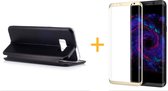 iCall - Samsung Galaxy S8+ / S8 Plus - Lederen Wallet Case Zwart + Screenprotector Goud (3D) - Portemonnee Hoesje met Magneet sluiting - Book Case - Flip Cover - Klap - 360 bescher