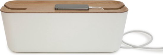 Bosign opbergbox XL | oplaadbox | kabelbox– medium – wit/houten deksel - 45 x 18 x 17 cm