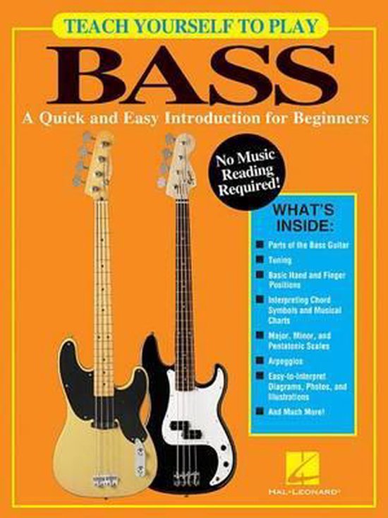 Livre "Teach Yourself to Play Bass" avec deux guitares basses (or et blanc) et une boîte "What's Inside".