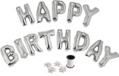 Folie ballonset zilver met letters HAPPY BIRTHDAY 41 cm + geschenklint 10m met 4 witte strikken