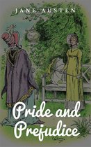 Deux femmes en tenue historique dans un jardin, avec 'Pride and Prejudice' en lettres calligraphiées.