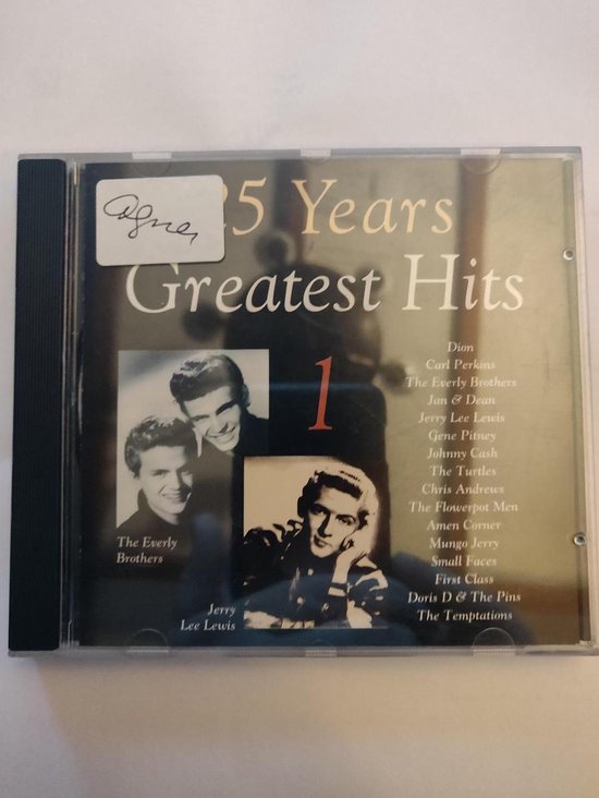 CD hoes voor "25 Years Greatest Hits 1". Afbeeldingen van The Everly Brothers en Jerry Lee Lewis. Inclusief de namen van artiesten zoals Dion en Johnny Cash.