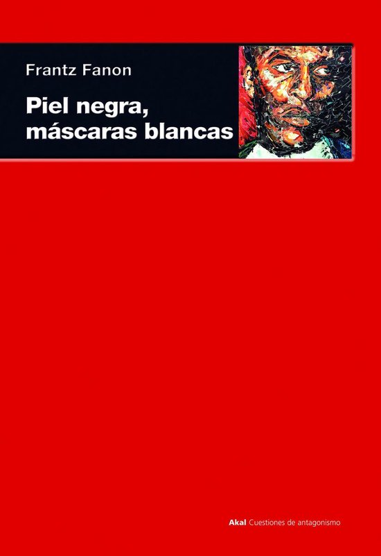 Boekomslag van 'Piel negra, máscaras blancas' door Frantz Fanon met een afbeelding van een hoofd in mozaïekstijl.