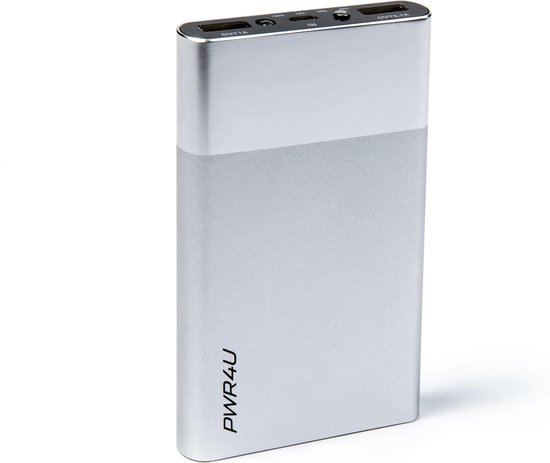 Batterie externe de 10000 mAh avec boîtier en aluminium argenté. Compact avec une grande capacité.