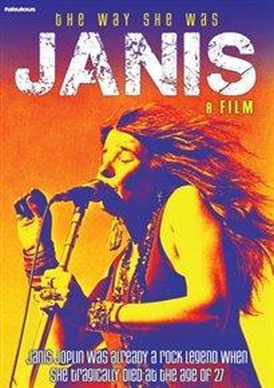Janis Joplin, de rocklegende, achter de microfoon, met tekst: 'the way she was JANIS a film'.