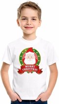 Kerst t-shirt voor kinderen met Kerstman print - wit - jongens en meisjes shirt L (146-152)