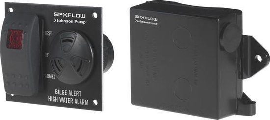 Zwarte "Bilge Alert High Water Alarm" controlepaneel met rode testknop, en aparte zwarte alarmkast met "Johnson Pump" logo.