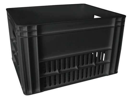 Zwart plastic krat met handgrepen en decoratieve perforaties.