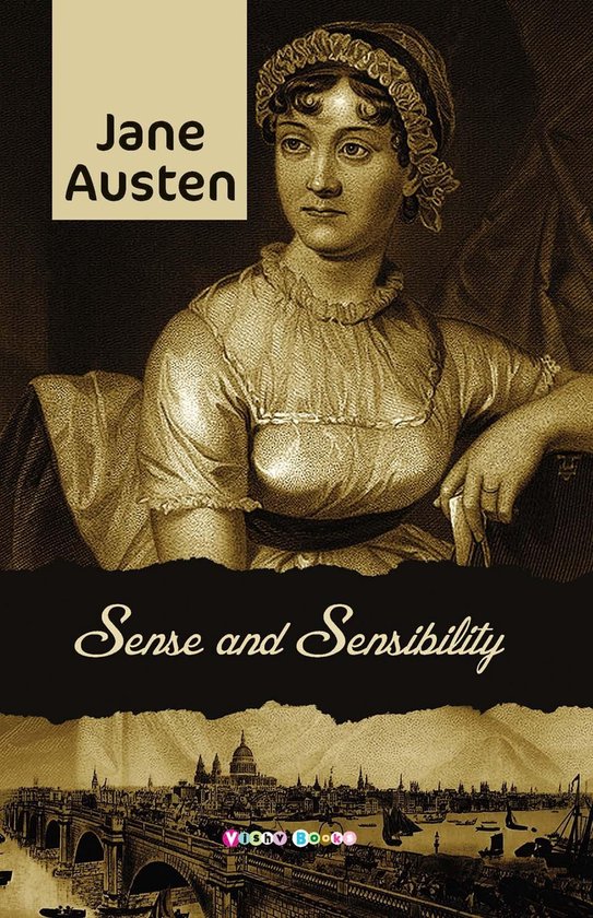 Boekomslag van 'Sense and Sensibility' van Jane Austen met een portret van een vrouw in historische kledij en een stadsgezicht met een brug.