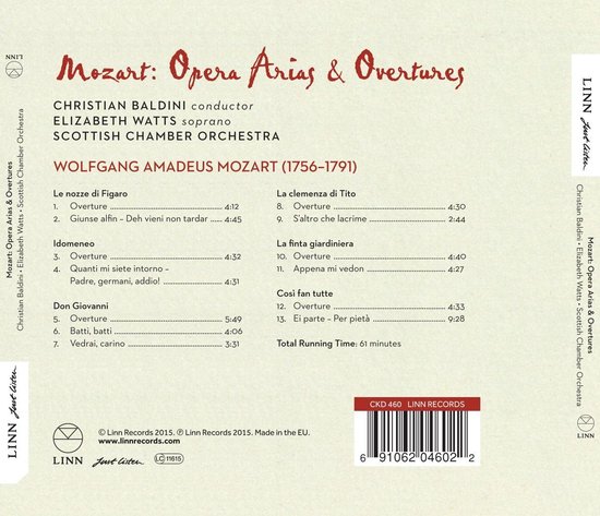 Achterkant van "Mozart: Opera Arias & Overtures" door Scottish Chamber Orchestra. Bevat tracklist met titels en tijden, en een gedetailleerde gravure van een vrouw in een extravagante baljurk.