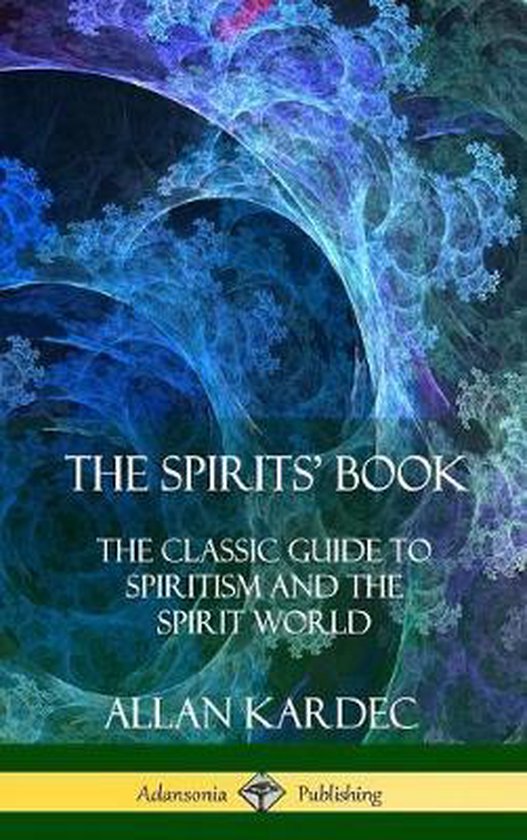 Livre "The Spirits' Book" avec une illustration abstraite bleue et violette de branches, avec le texte "The Spirits' Book, The Classic Guide to Spiritism and the Spirit World, Allan Kardec".