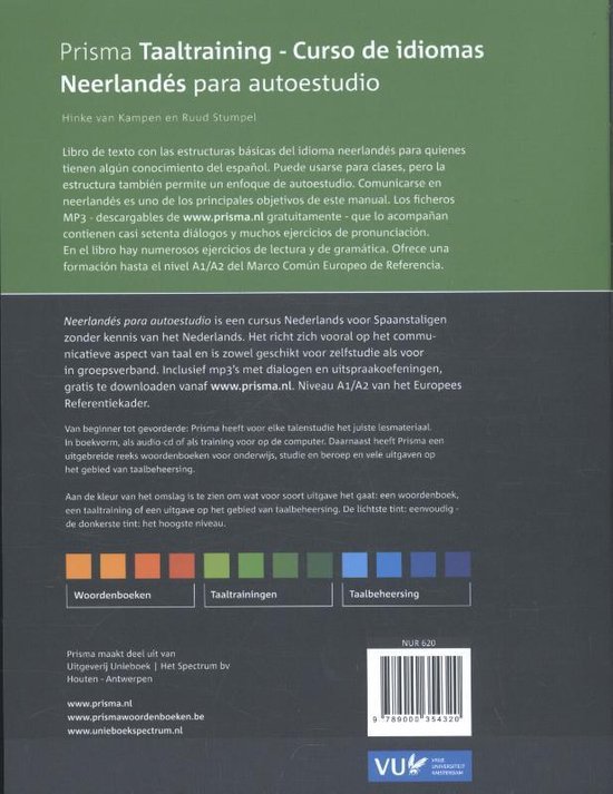 Achterkant van een boek, met tekst over de Prisma Taaltraining Nederlands voor zelfstudie. Kleurenbalk met verschillende soorten boeken. ISBN en barcode.
