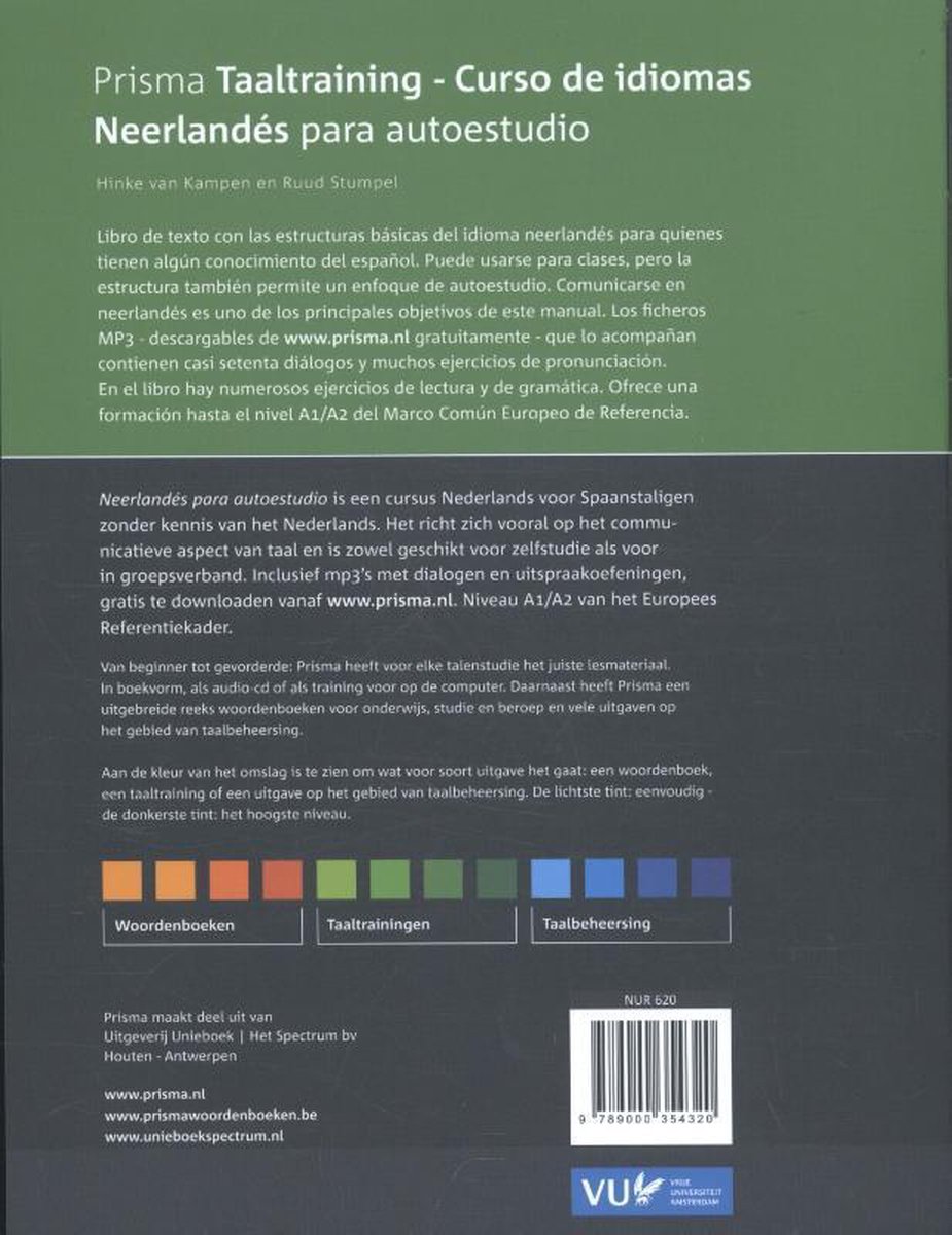 Achterkant van een boek, met tekst over de Prisma Taaltraining Nederlands voor zelfstudie. Kleurenbalk met verschillende soorten boeken. ISBN en barcode.