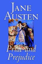Boekomslag van 'Pride and Prejudice' door Jane Austen, met een illustratie van een vrouw in een blauwe jurk op een met kussens versierde bank.