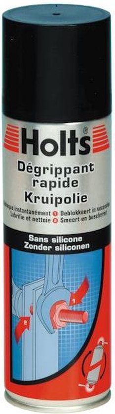 Holts Kruipolie spuitbus, met rode en blauwe opdruk, zonder siliconen.