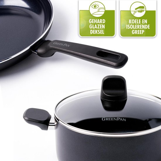 Zwarte GreenPan pan met glazen deksel en koel handvat, met "Gehard Glazen Deksel" en "Koele en Isolerende Greep" iconen.