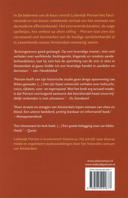 Achterkant van een boek met de titel "De bakermat van de beurs" door Lodewijk Petram. Bevat tekst en een streepjescode.