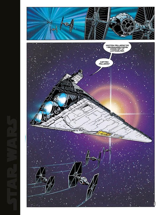 Een groot wit ruimteschip, een Star Destroyer, vliegt door de ruimte met kleinere gevechtsvliegtuigen. De achtergrond is paars met sterren.