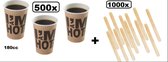 500x tasse à café je suis chaud 180cc + 1000x agitateurs bois - bâtonnets à mélanger tasse à café lait sucre bois festival thème fête anniversaire travail cuillère