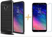 Hoesje geschikt voor Samsung Galaxy A6 (2018) - Geborsteld Siliconen TPU - Zwart Rugged Armor + Screen Protector Tempered Glass - Case van iCall