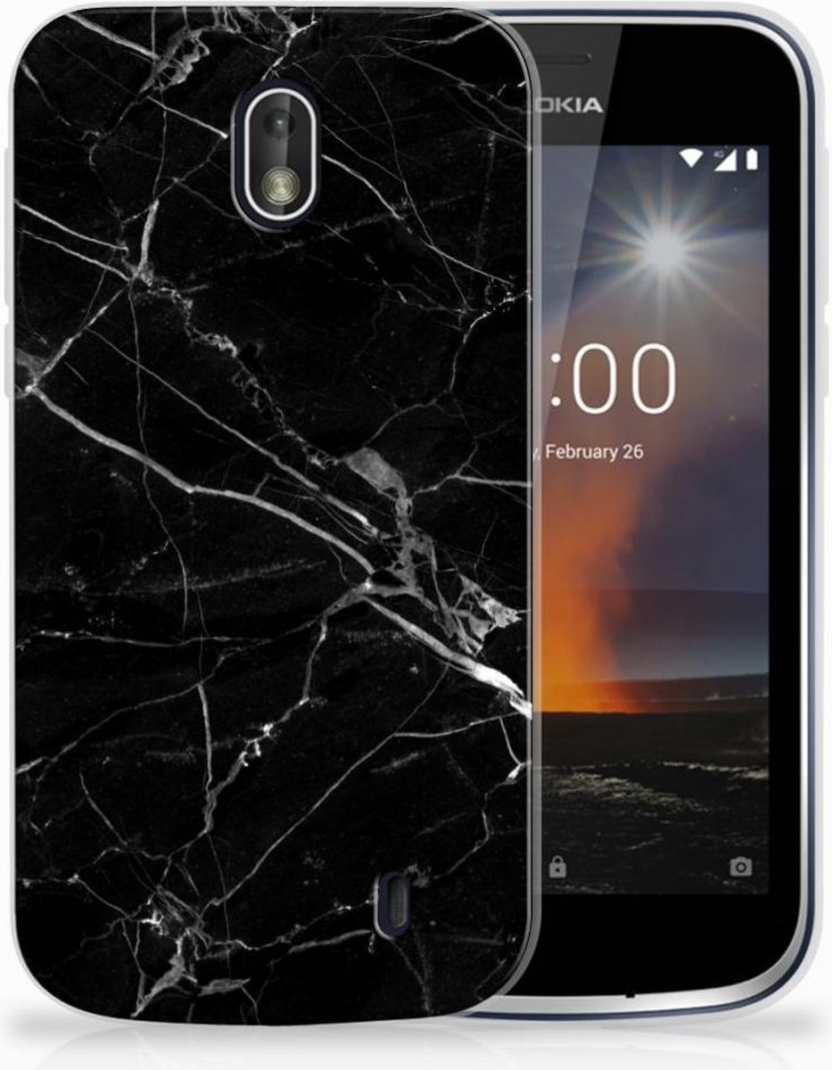 Nokia 1 TPU Siliconen Hoesje Marmer Zwart - Origineel Cadeau Vader