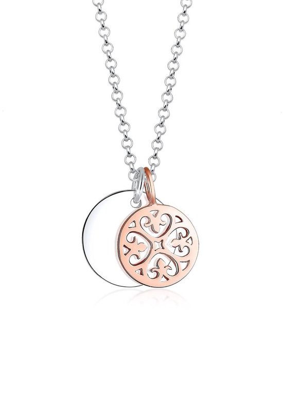 Elli Halsketting Bi color ornament cirkel 925 zilver roze verguld