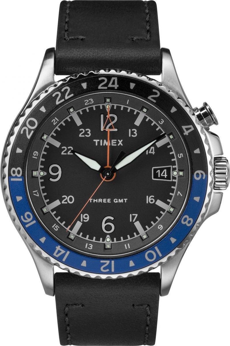 Timex Allied Three Gmt TW2R43600 Horloge Leer Zwart O 43 mm bol