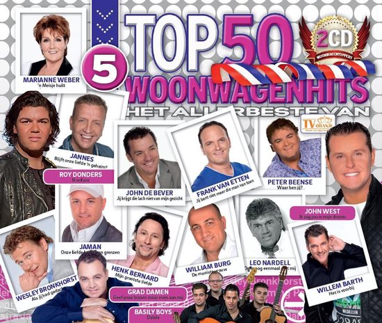 Albumhoes met 17 foto's van artiesten, titel 'Top 50 Woonwagenhits'.