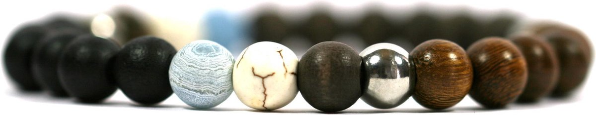 IbizaMen - heren armband - mix van bruin/zwart/robles hout 8mm - howliet en blauw agaat kraal - rvs kraal - 21cm