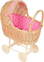 Angel toys - Rieten Poppenwagen - Fuchsia bekleding met stipjes