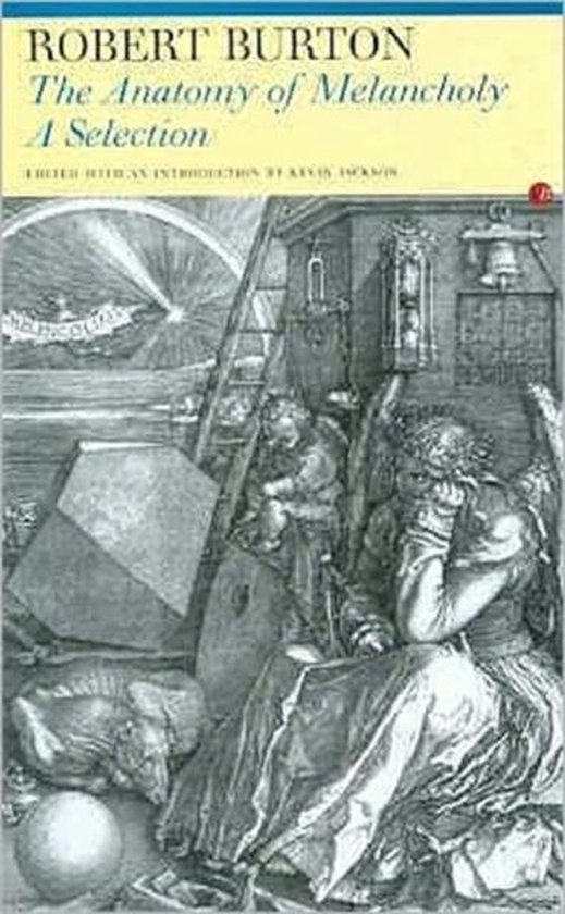 Boek 'The Anatomy of Melancholy - A Selection' door Robert Burton, met een ingewikkelde zwart-wit illustratie van een zittend figuur.