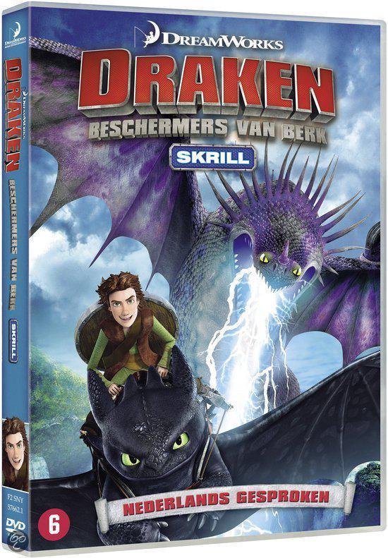 De cover van de DVD "Draken: Beschermers van Berk - Skrill". Een jongen op een zwarte draak, met een grote paarse draak die bliksem schiet. De zijkant toont "Draken: Beschermers van Berk".