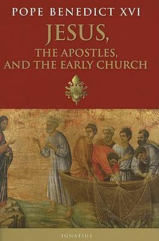 Boek "Jezus, de Apostelen en de Vroege Kerk" met afbeelding van vissers in een boot.